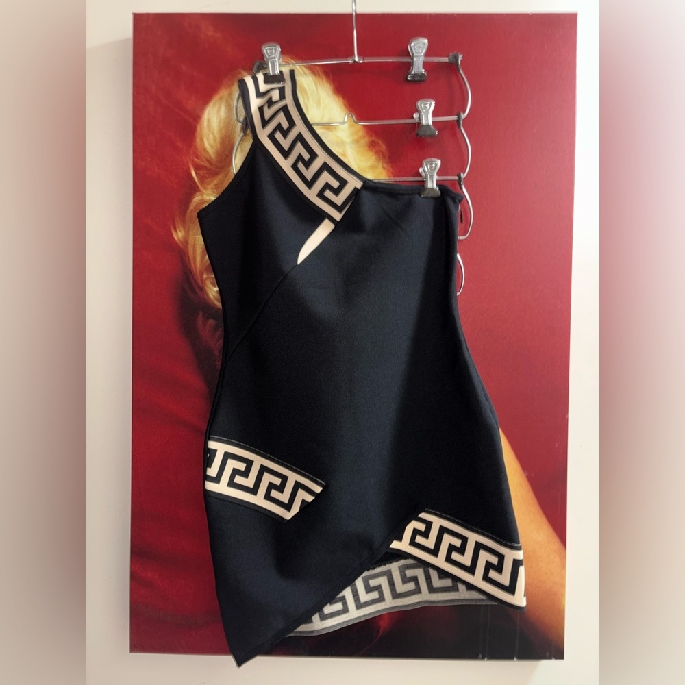 Black Asymmetrical One-Shoulder Bondage Dress with Cream Greek Key Trim